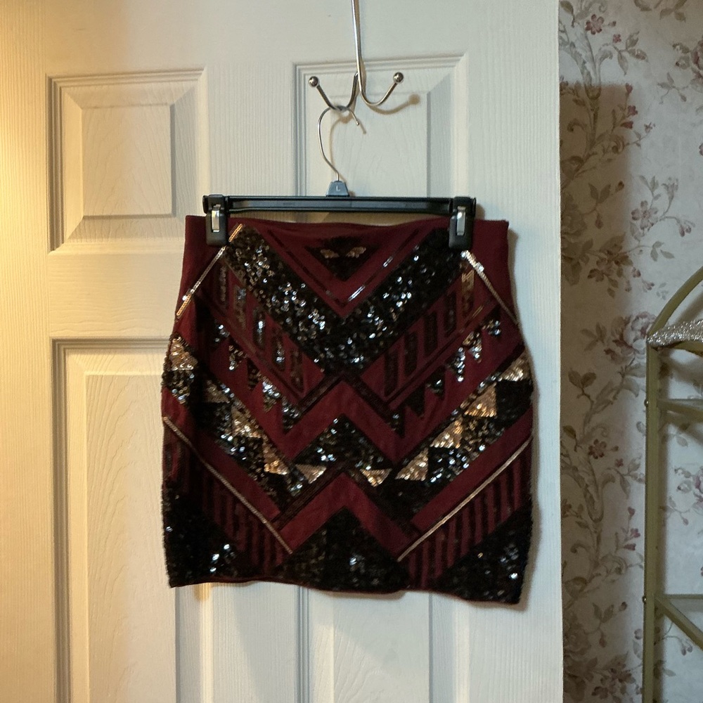 Express Burgundy and Black Sequin Mini Skirt